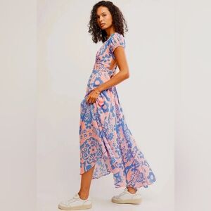 Free People Ultraviolet Maxi Dress ✨ Pale Pink Combo Size Small | peach + blue